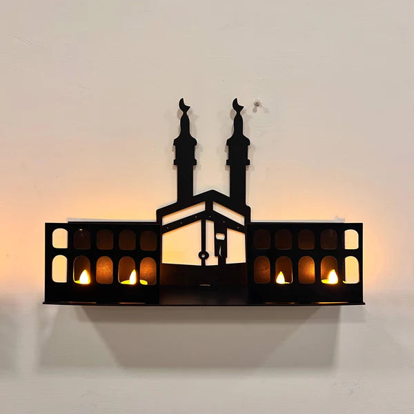 3D Islamic Wooden Shelves – Khana Kaba & Roza Rasool (SAW) Design with 4 LED Candles
