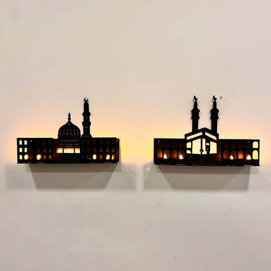3D Islamic Wooden Shelves – Khana Kaba & Roza Rasool (SAW) Design with 4 LED Candles